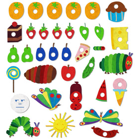 Ai fsem Very Hungry Caterpillar felt pieces arranged for storytelling, supporting early language and sequencing