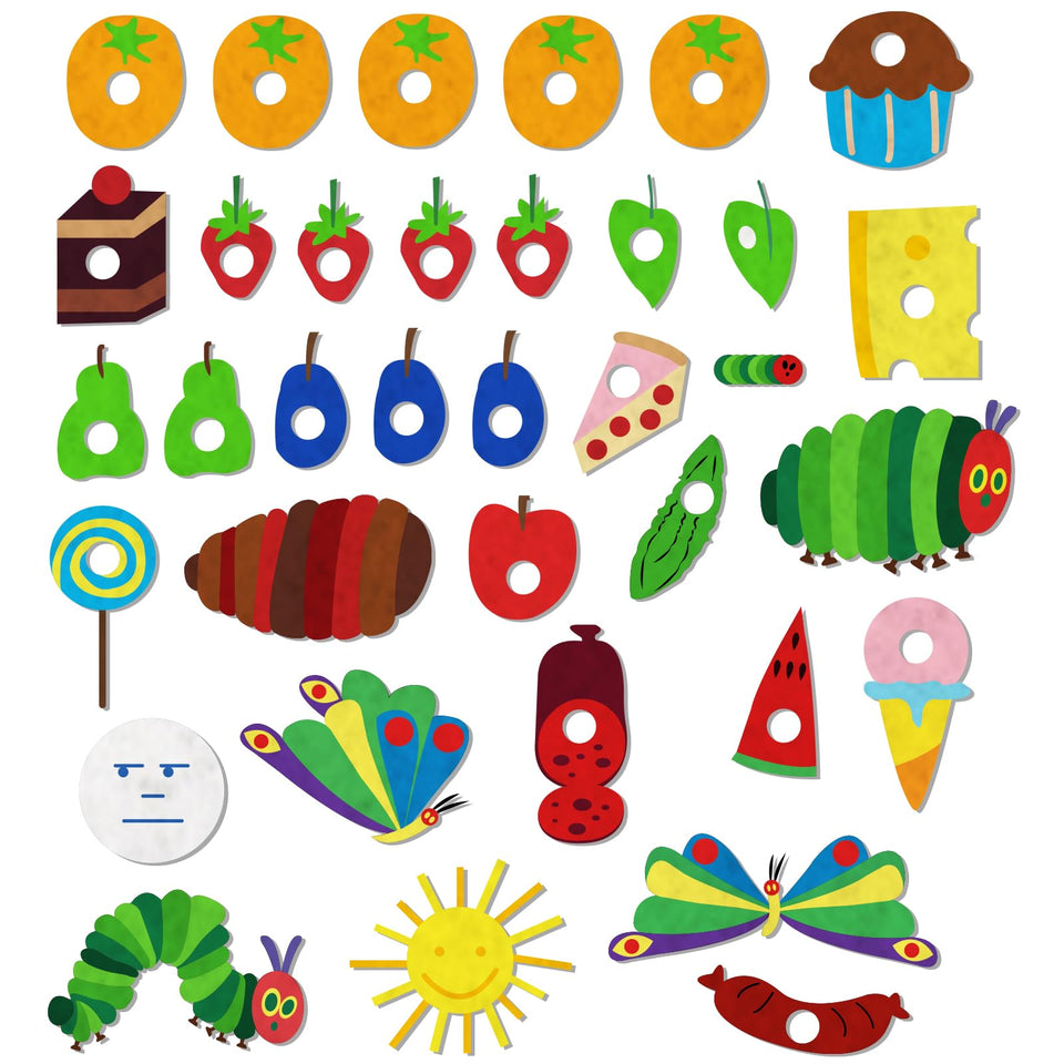 Ai fsem Very Hungry Caterpillar felt pieces arranged for storytelling, supporting early language and sequencing