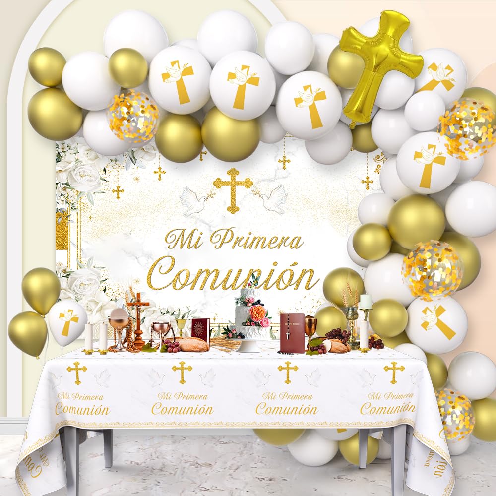 AIBIIN 121Pcs First Holy Communion Backdrop in white and gold creates a photo-ready centerpiece.