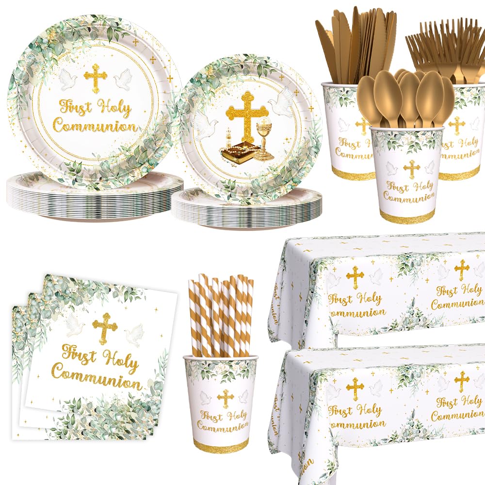 AIBIIN greenery 9-inch plates, sturdy partyware for First Holy Communion celebrations.