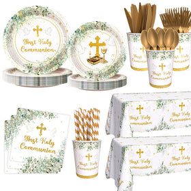 AIBIIN greenery 9-inch plates, sturdy partyware for First Holy Communion celebrations.