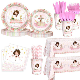AIBIIN pink 9-inch plates for easy cleanup at Mi Primera Comunion celebrations.