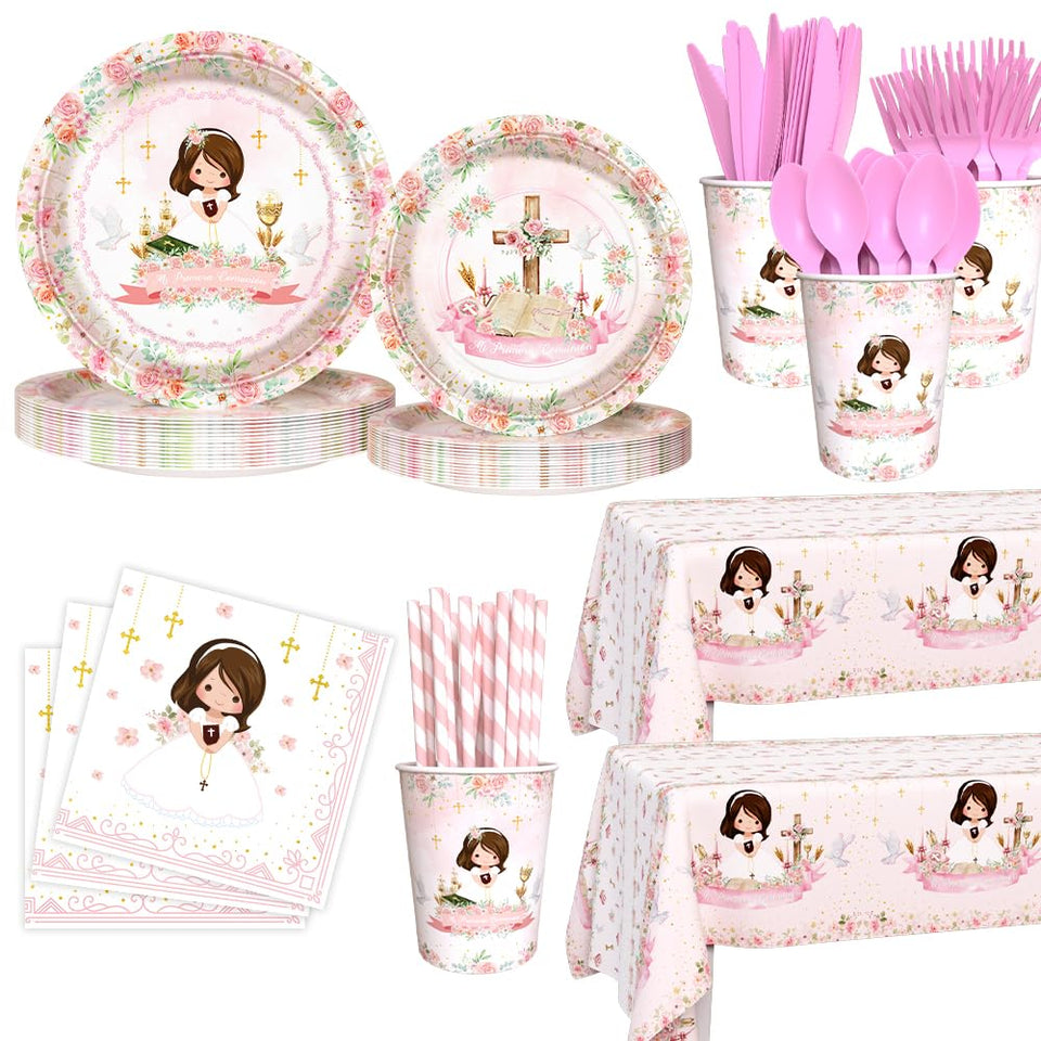 AIBIIN pink 9-inch plates for easy cleanup at Mi Primera Comunion celebrations.