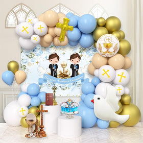 AIBIIN blue First Communion backdrop banner for a cohesive party setup.