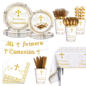 AIBIIN Mi Primera Comunion banner decorates the party with white and gold accents.