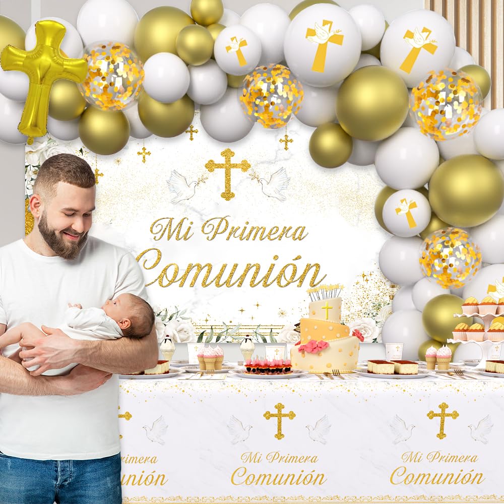 AIBIIN Mi Primera Comunion tablecloth in white and gold for a refined look.