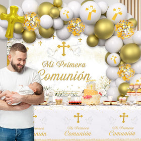 AIBIIN Mi Primera Comunion tablecloth in white and gold for a refined look.