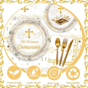 AIBIIN 7-inch dessert plates with cross napkins in white and gold for coordinated servings.