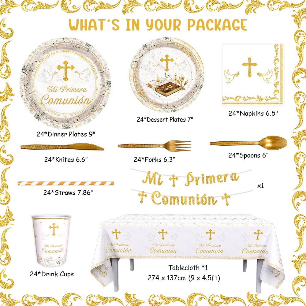 AIBIIN 9-inch dinner plates in white and gold for a cohesive First Communion tablescape.