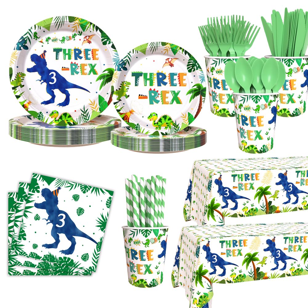 AIBIIN Three Rex 9-inch plates set for quick serving at a dinosaur-themed party.