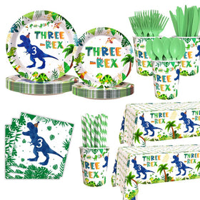 AIBIIN Three Rex 9-inch plates set for quick serving at a dinosaur-themed party.