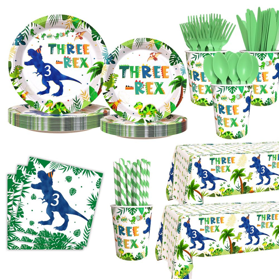 AIBIIN Three Rex 9-inch plates set for quick serving at a dinosaur-themed party.