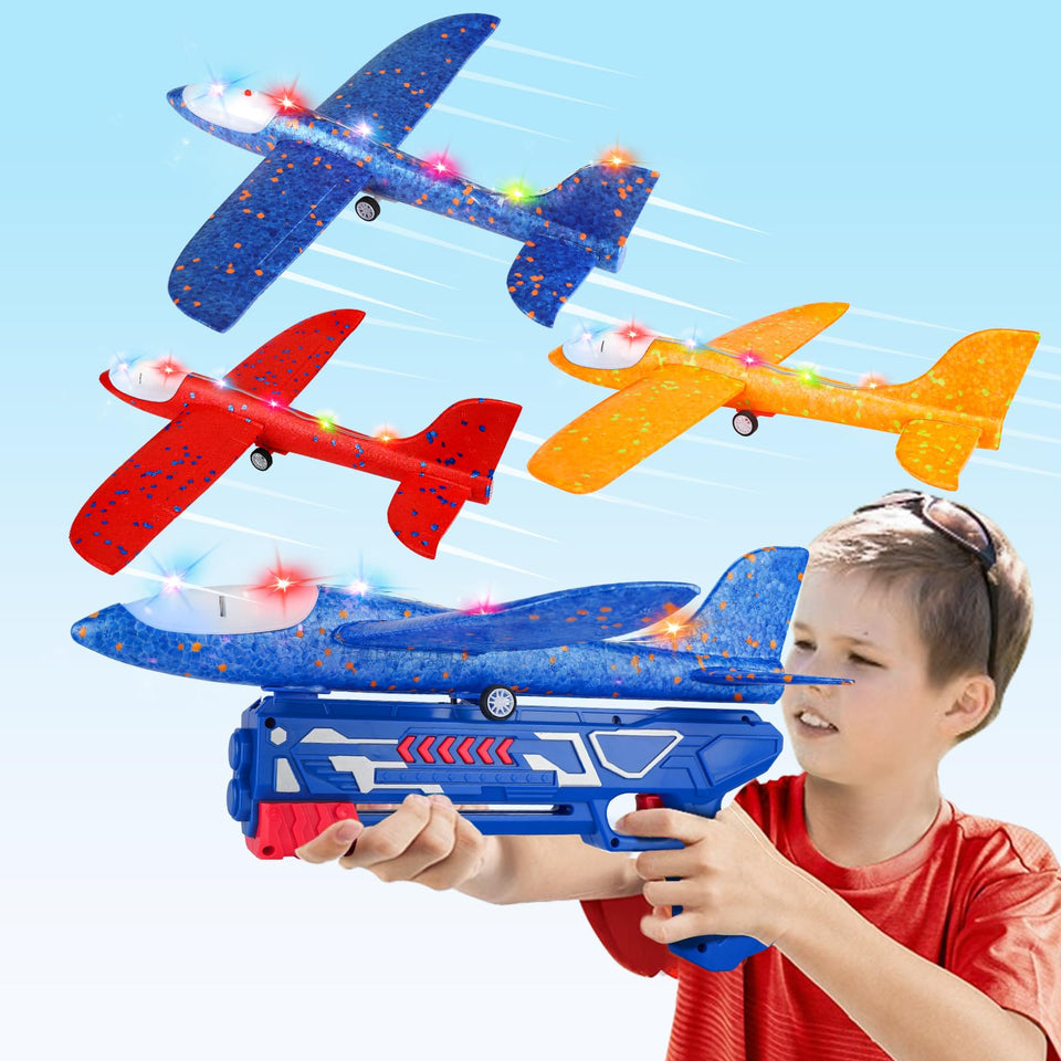 Aiencsai 3-pack airplane launcher in blue, orange, and red for outdoor play.