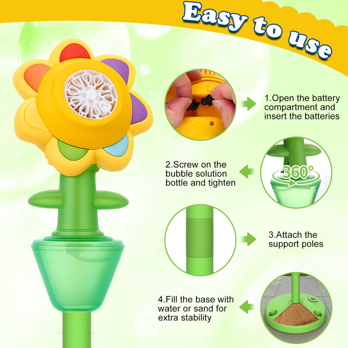 AIERSA Adjustable-height bubble stand keeps unit stable on grass or pavement.