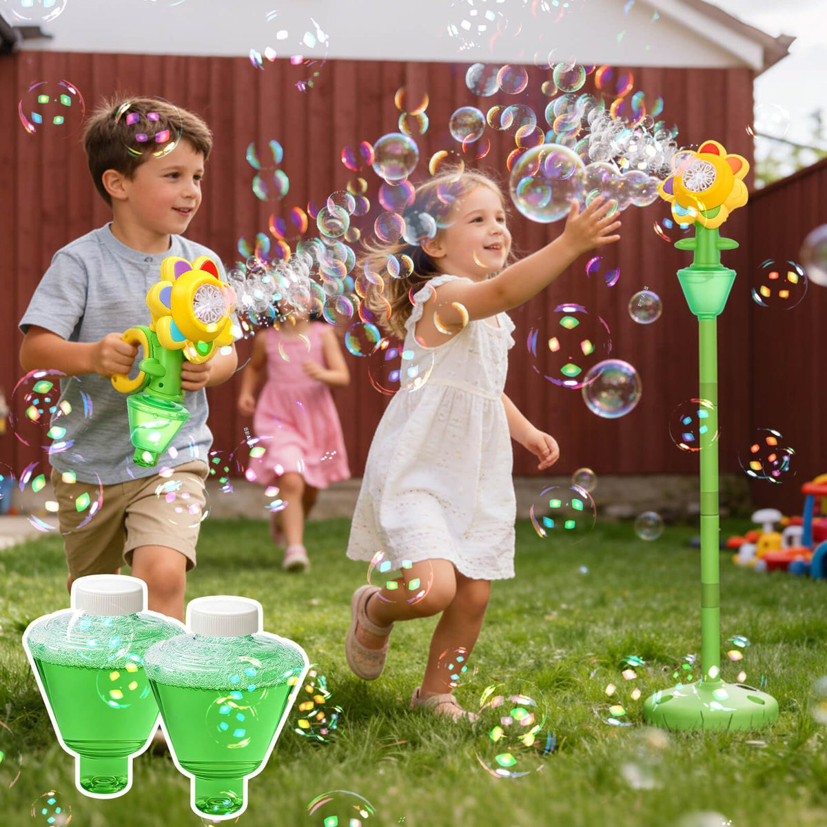 AIERSA Flower Bubble Stand with sunflower head and lights for magical outdoor displays.