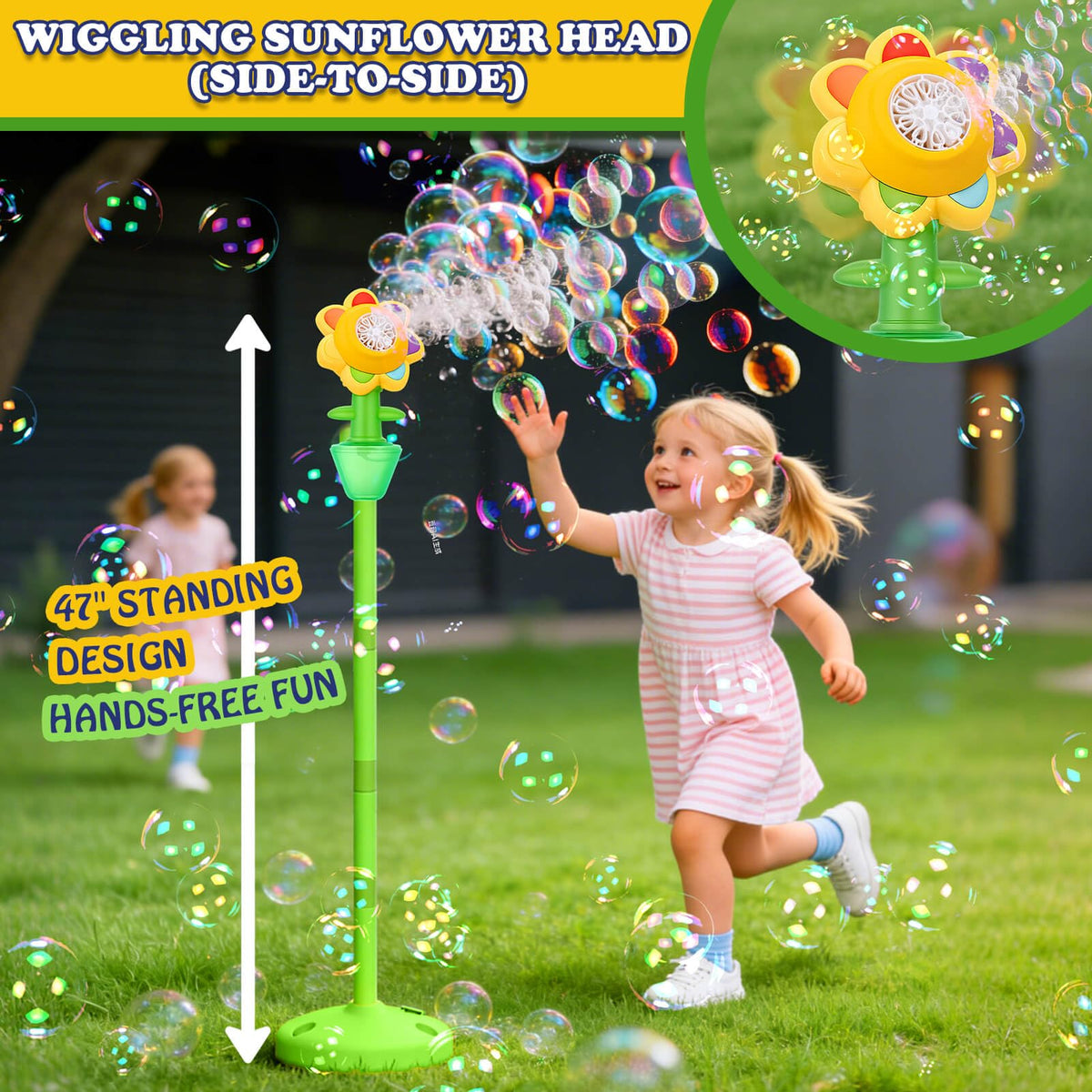 AIERSA Bubble Stand shows swaying sunflower head with LED lights for dynamic backyard effect.