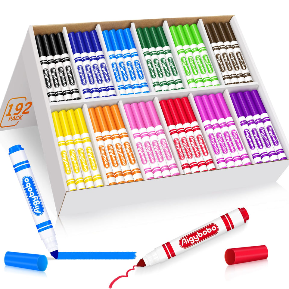 Aigybobo 192-count washable markers bulk in a tidy classroom-ready box.