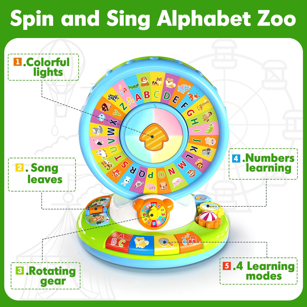 Aigybobo Alphabet Zoo spin wheel in action to boost exploration and motion