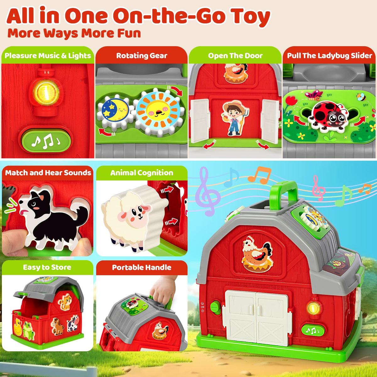Aigybobo barn with seven animal pieces for shape sorting and sound cues
