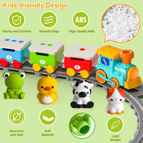 Aigybobo farm animal puppets inside the train spur imaginative storytelling.