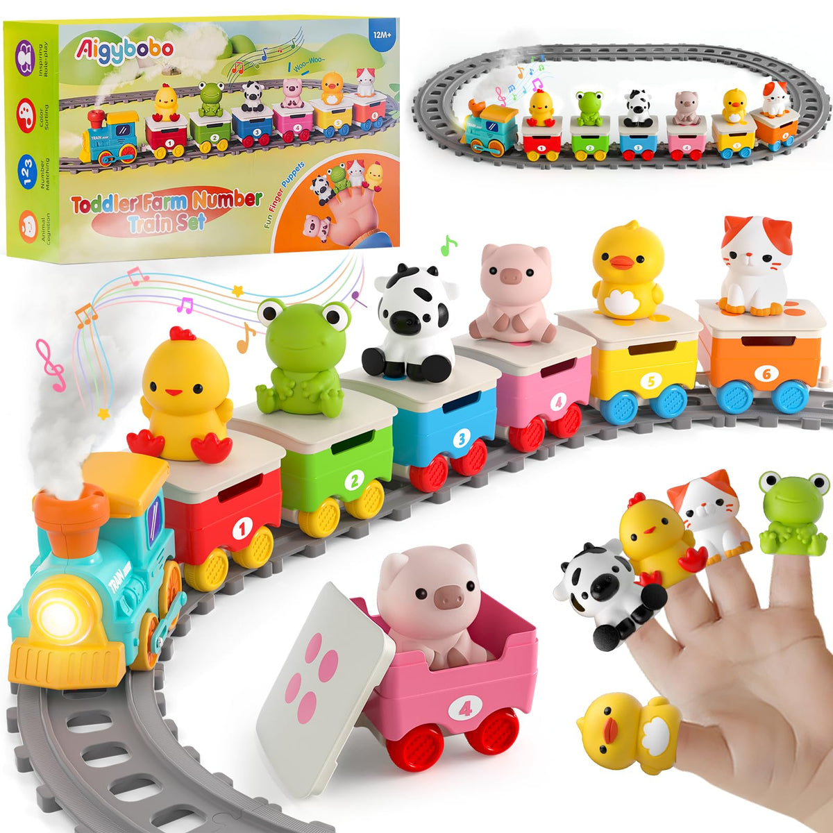 Aigybobo farm train locomotive with music and lights for toddler exploration.