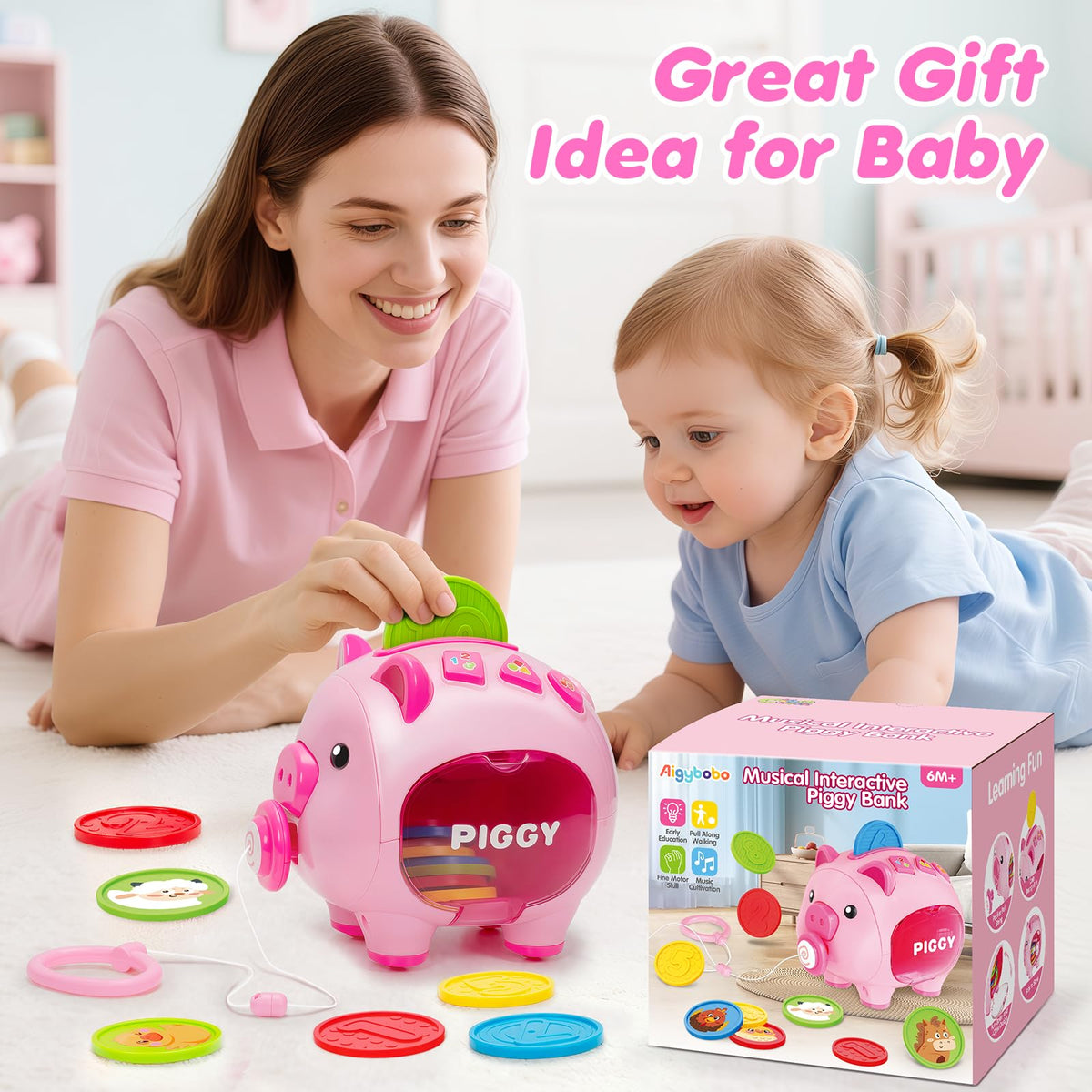 Aigybobo piggy bank language modes offer English and Spanish options.