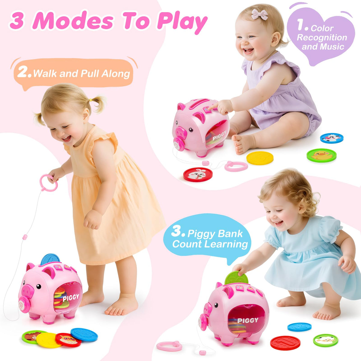 Aigybobo piggy bank pull-along wheels encourage walking.