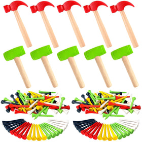 AIHSUMC kids wooden hammers in red and green for imaginative play and hand-eye skills.