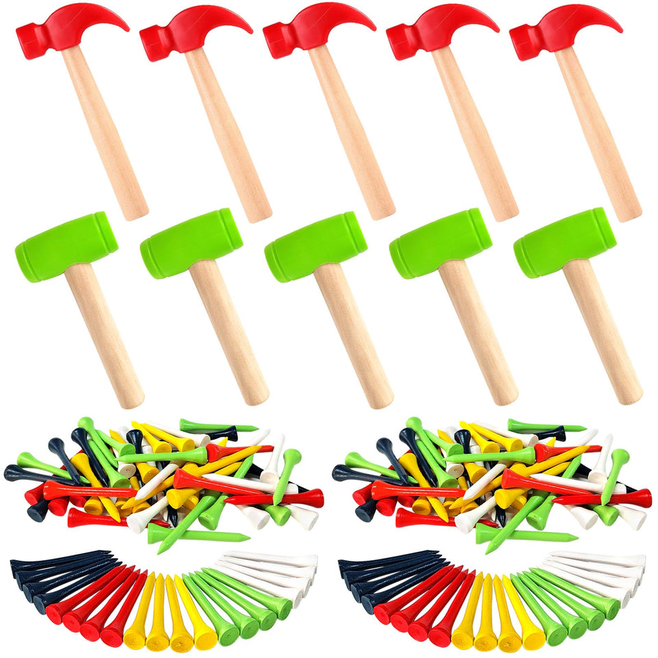 AIHSUMC kids wooden hammers in red and green for imaginative play and hand-eye skills.