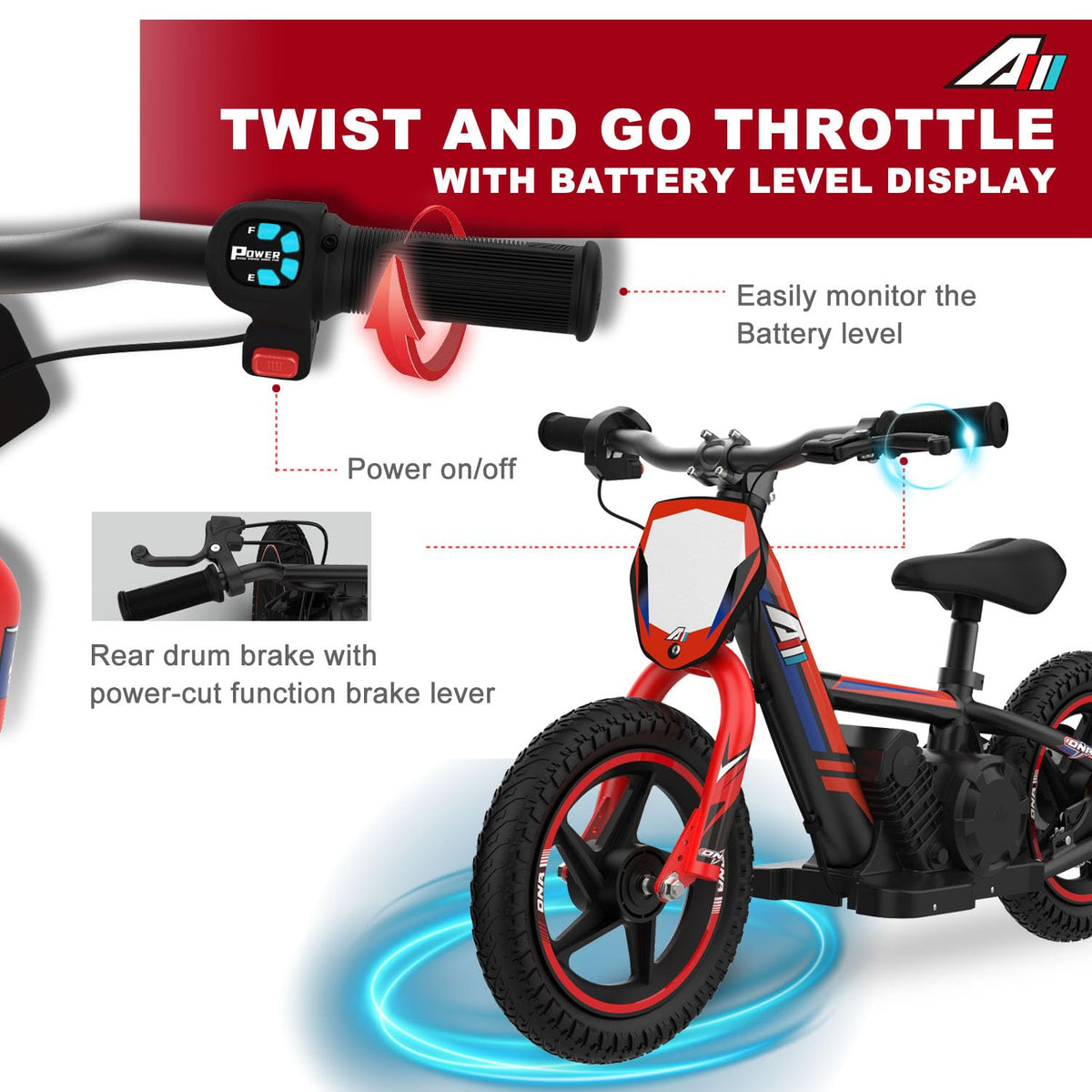 AIII twist throttle demonstrates adjustable speed for beginner to advanced riders.
