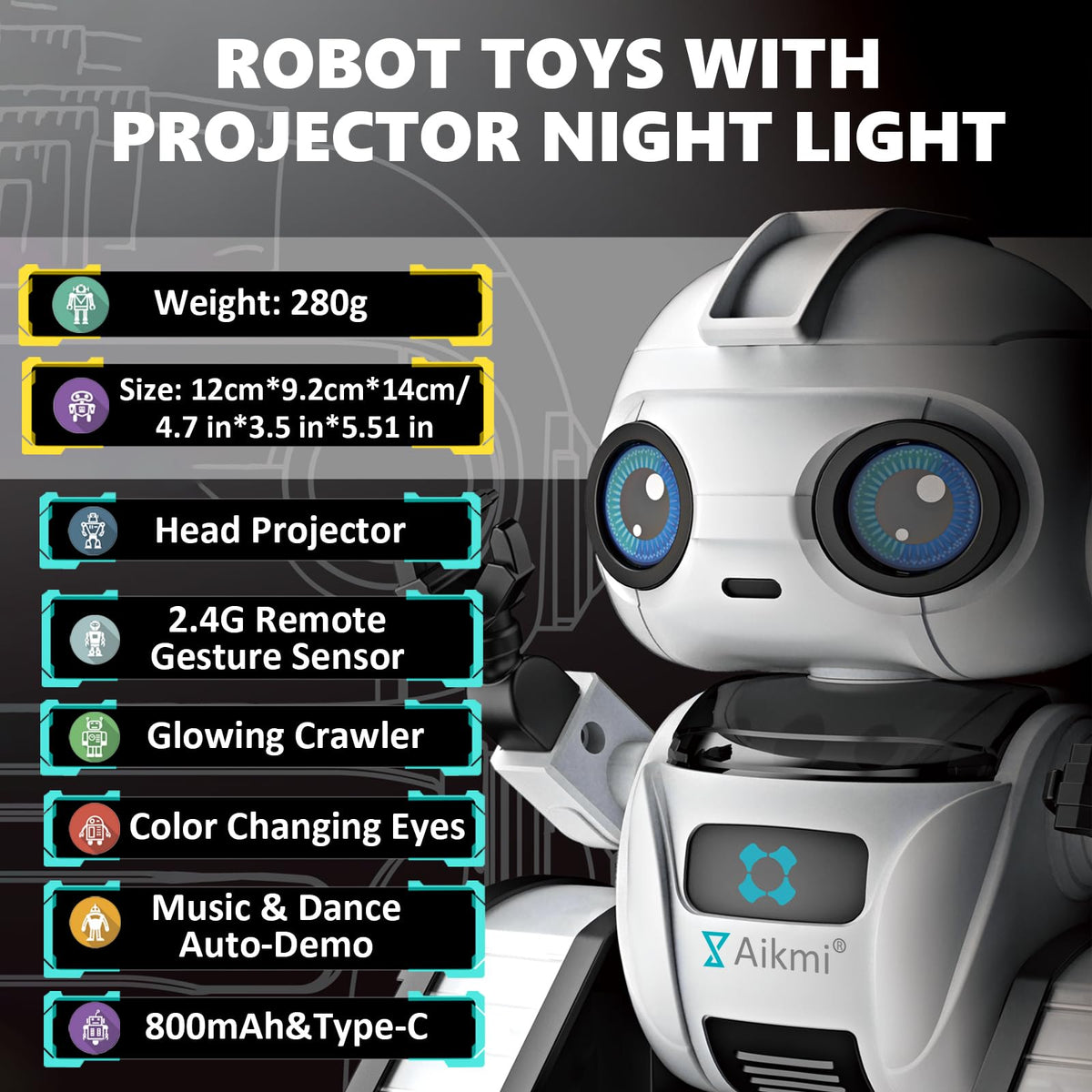 Aikmi robot toy plays five songs and three dance tunes during playtime.