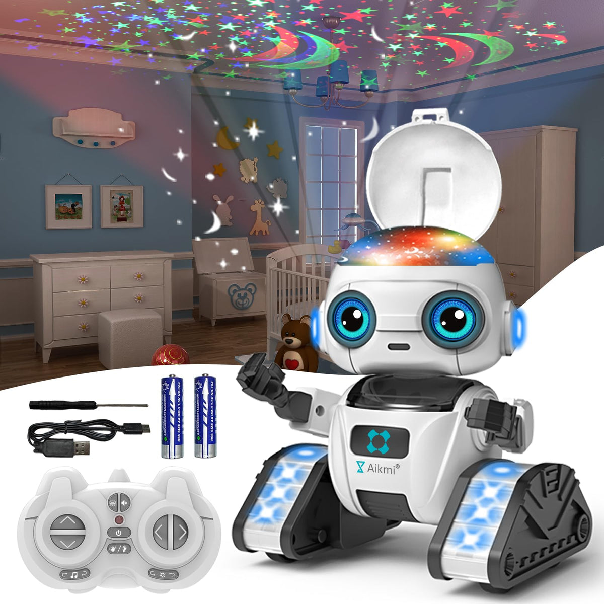 Aikmi robot toy with projector night light shows eight-light projection for bedtime fun.