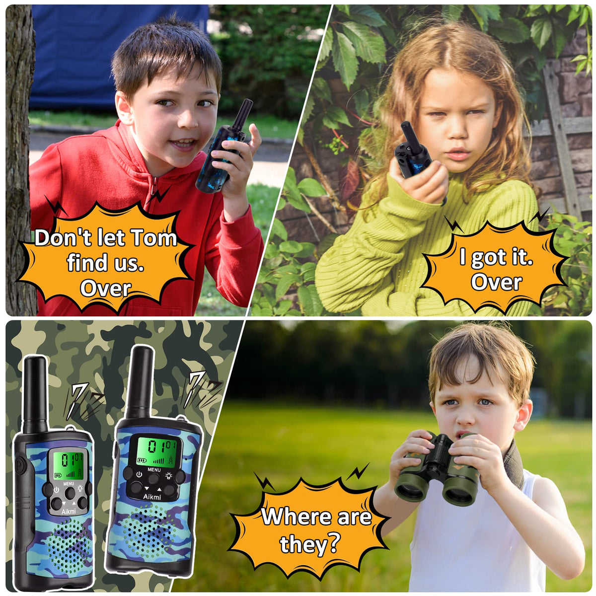 Aikmi kids walkie talkies blue side view emphasize rugged, adventure-ready build.