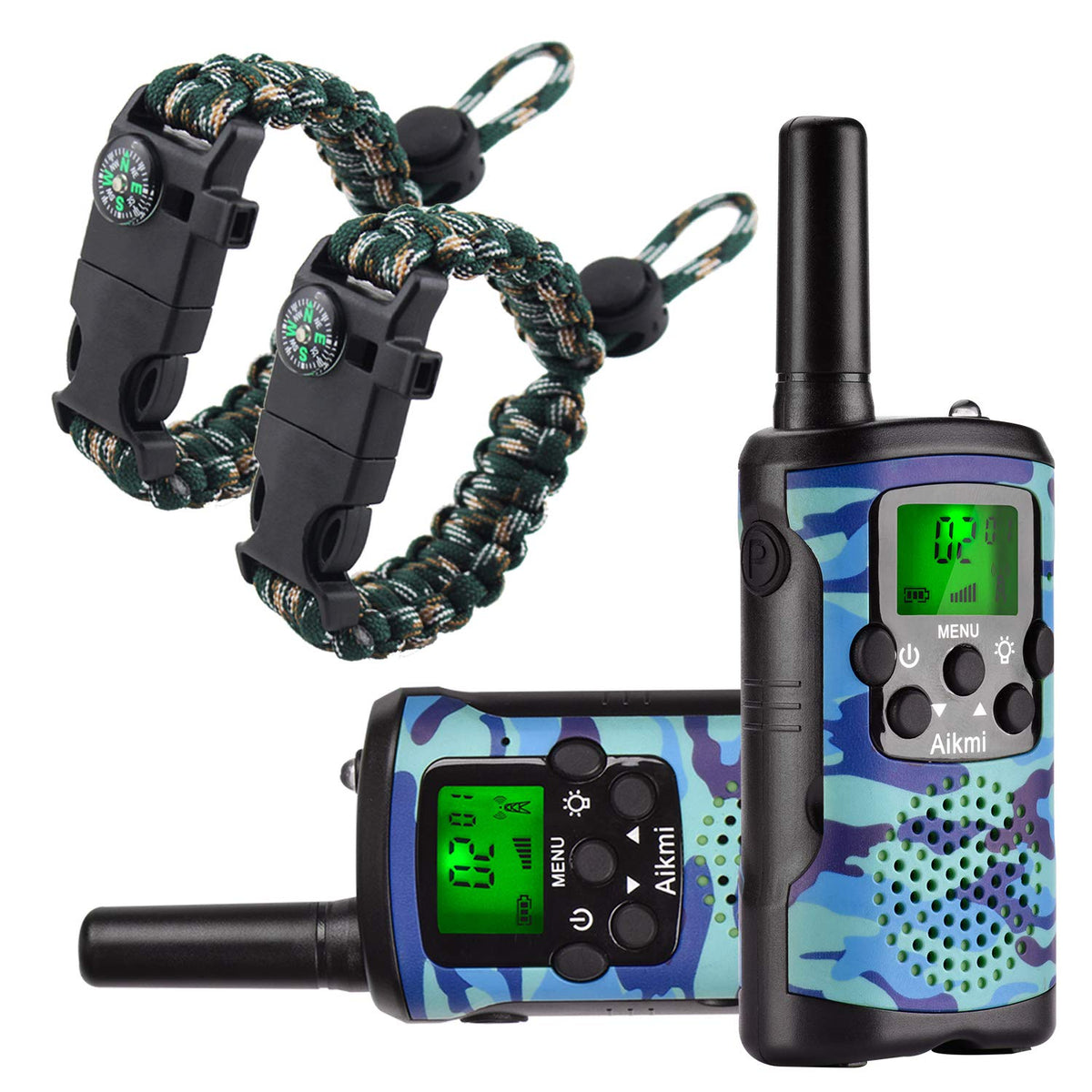 Aikmi walkie talkies for kids in blue camo front view for outdoor communication