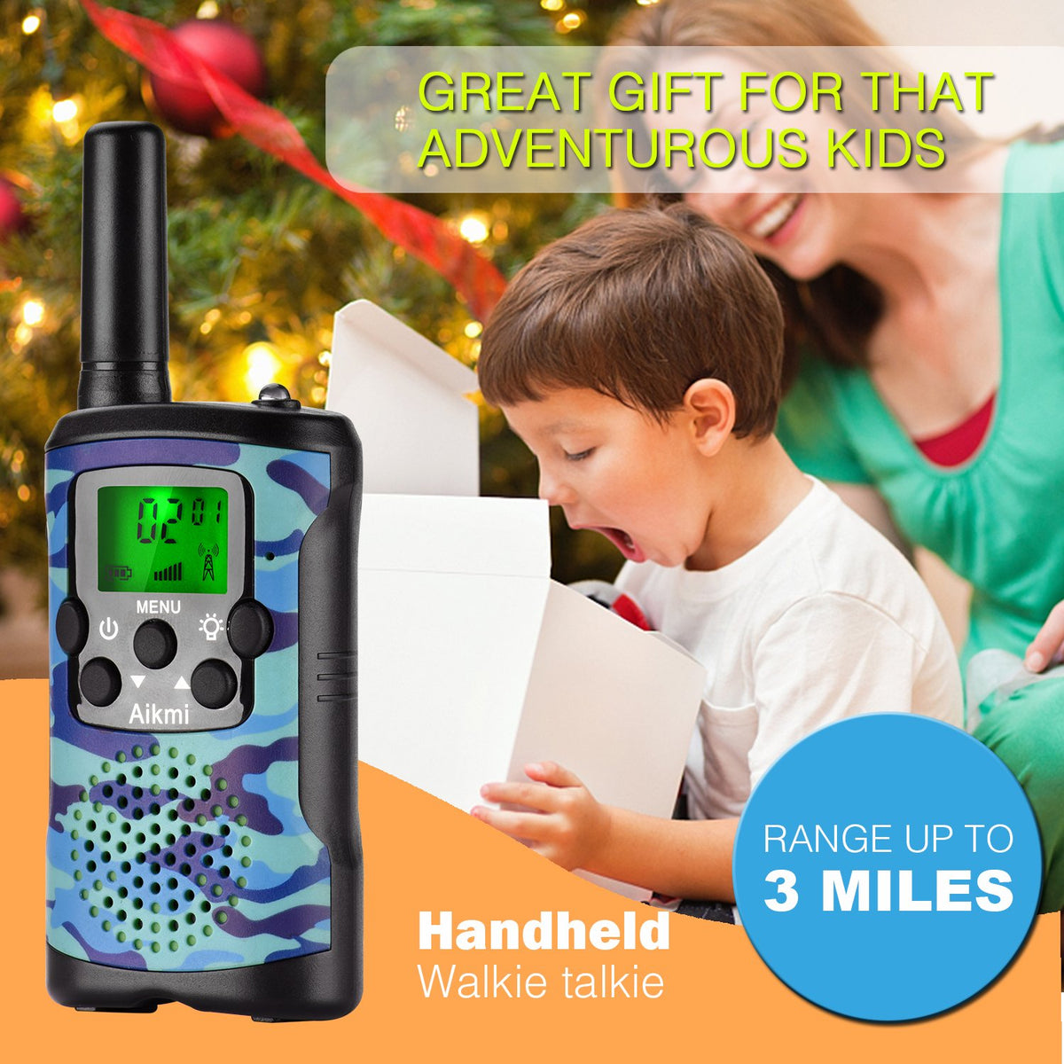 Aikmi walkie talkies blue camo packaging ready for gifting