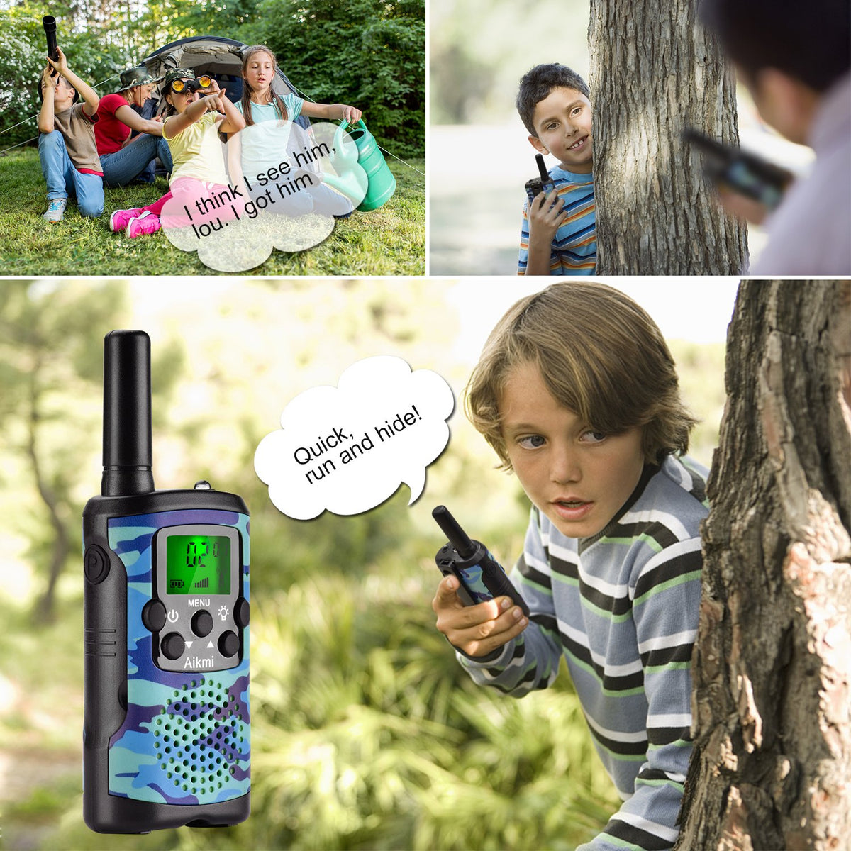 Aikmi walkie talkies blue camo side view showing durable build for kids