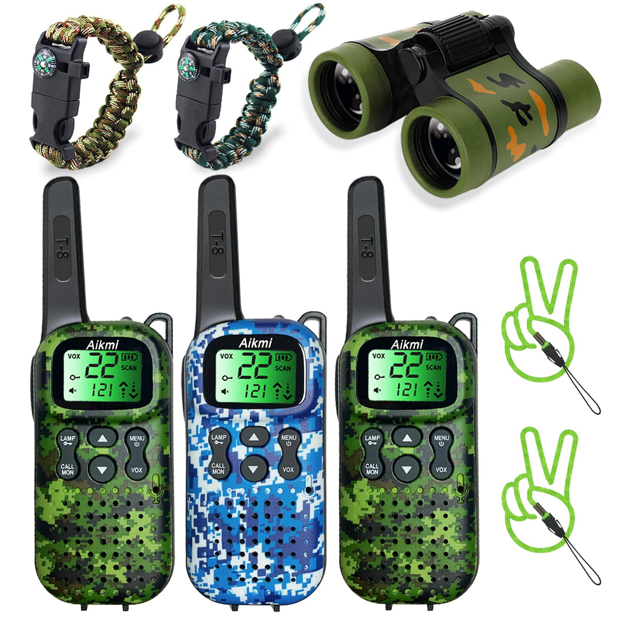 Aikmi walkie talkies for kids in a forest camping scene for safe outdoor communication.
