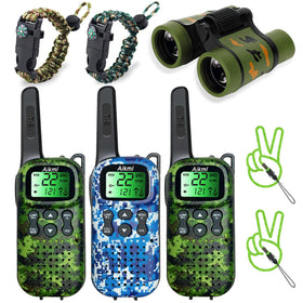 Aikmi walkie talkies for kids in a forest camping scene for safe outdoor communication.
