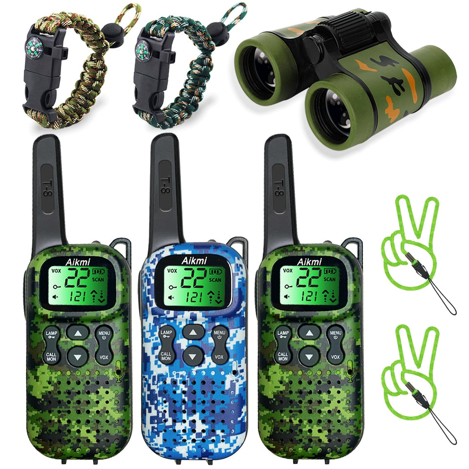 Aikmi walkie talkies for kids in a forest camping scene for safe outdoor communication.