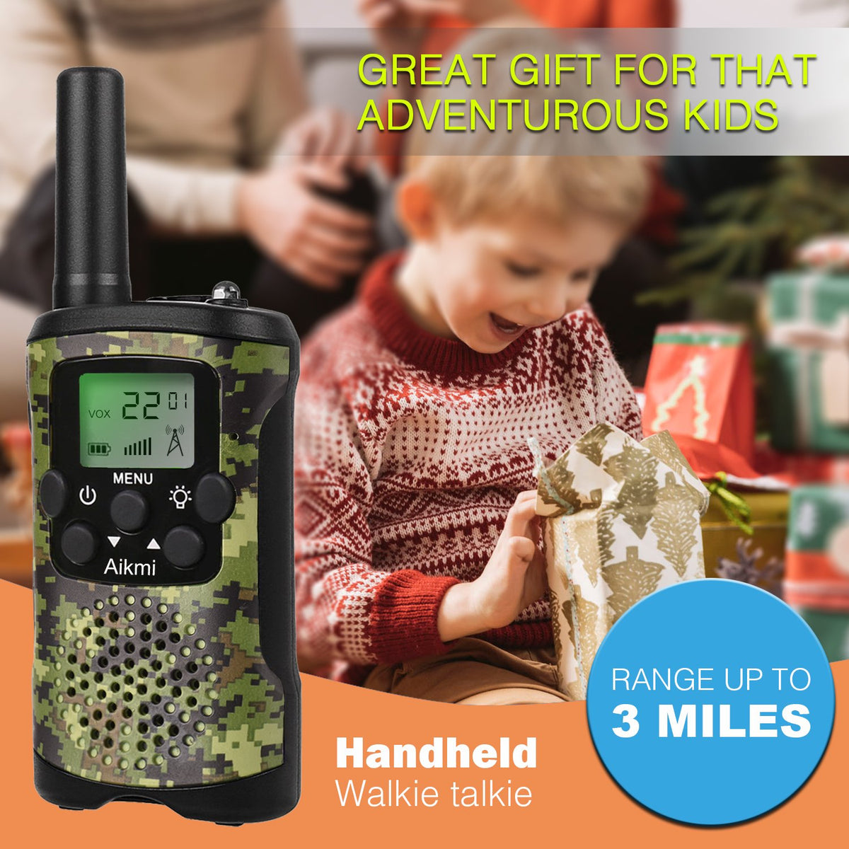 Aikmi walkie talkies green camo open case shows easy channels.