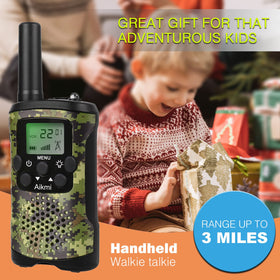 Aikmi walkie talkies green camo open case shows easy channels.