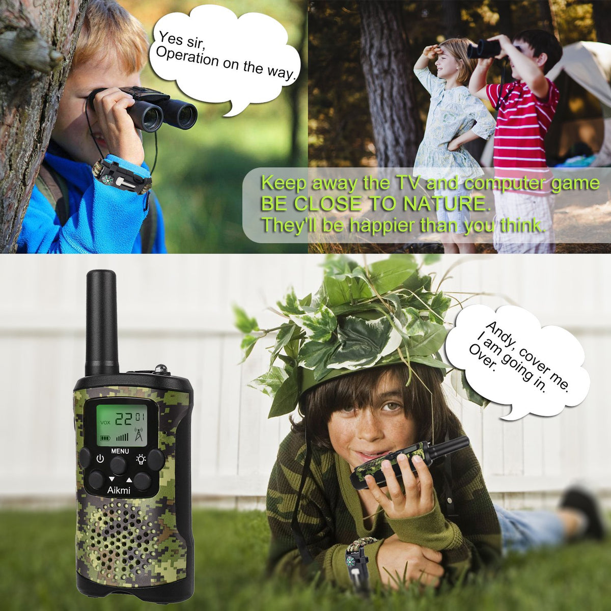 Aikmi walkie talkies green camo side view highlights compact size.