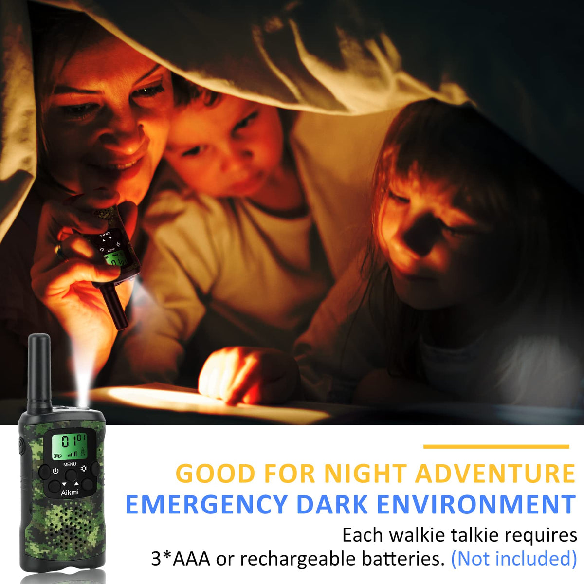 Aikmi walkie talkies with built in flashlight for evening camps and trails