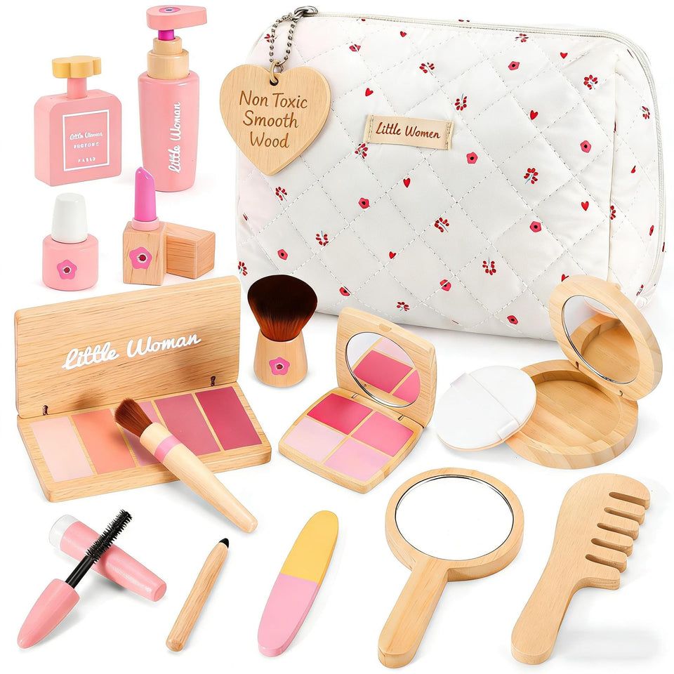 AINIOKA wooden makeup toy set, bag closed, durable design for pretend play