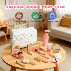AINIOKA wooden makeup toy set, bag open with contents shown for easy access