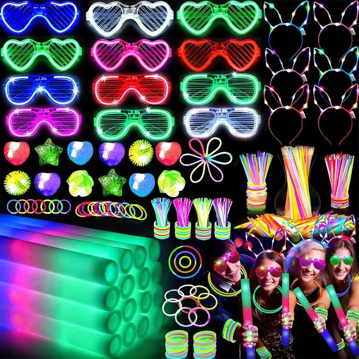 AioAuiy glow sticks collection lighting up a nighttime party with vivid colors