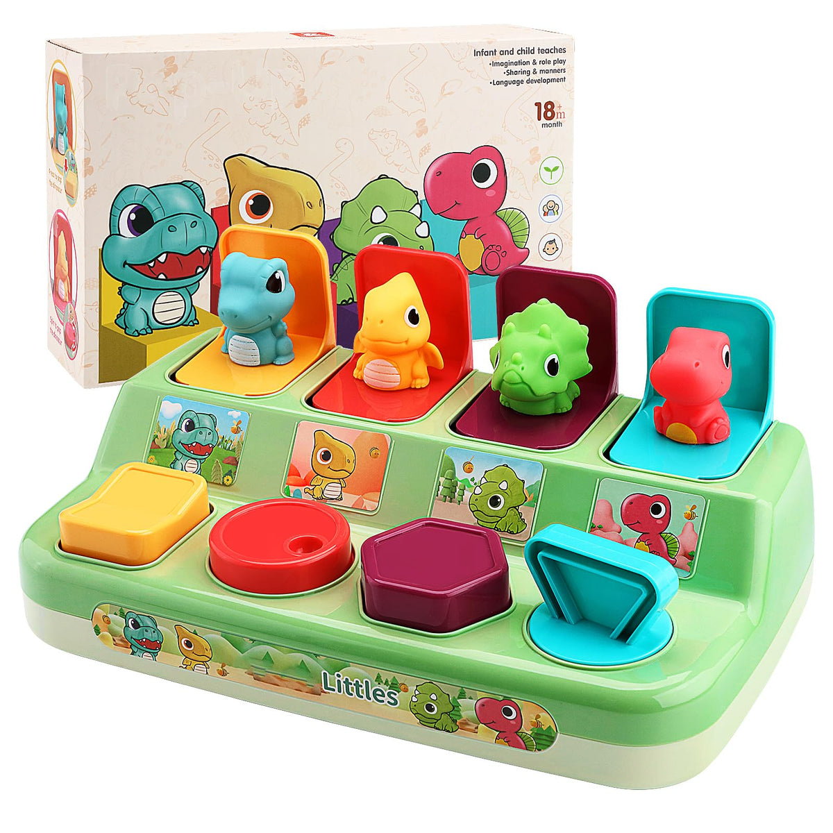 Aiqi Pop-Up Animals dinosaur-buttons promote color recognition and fine motor skill development