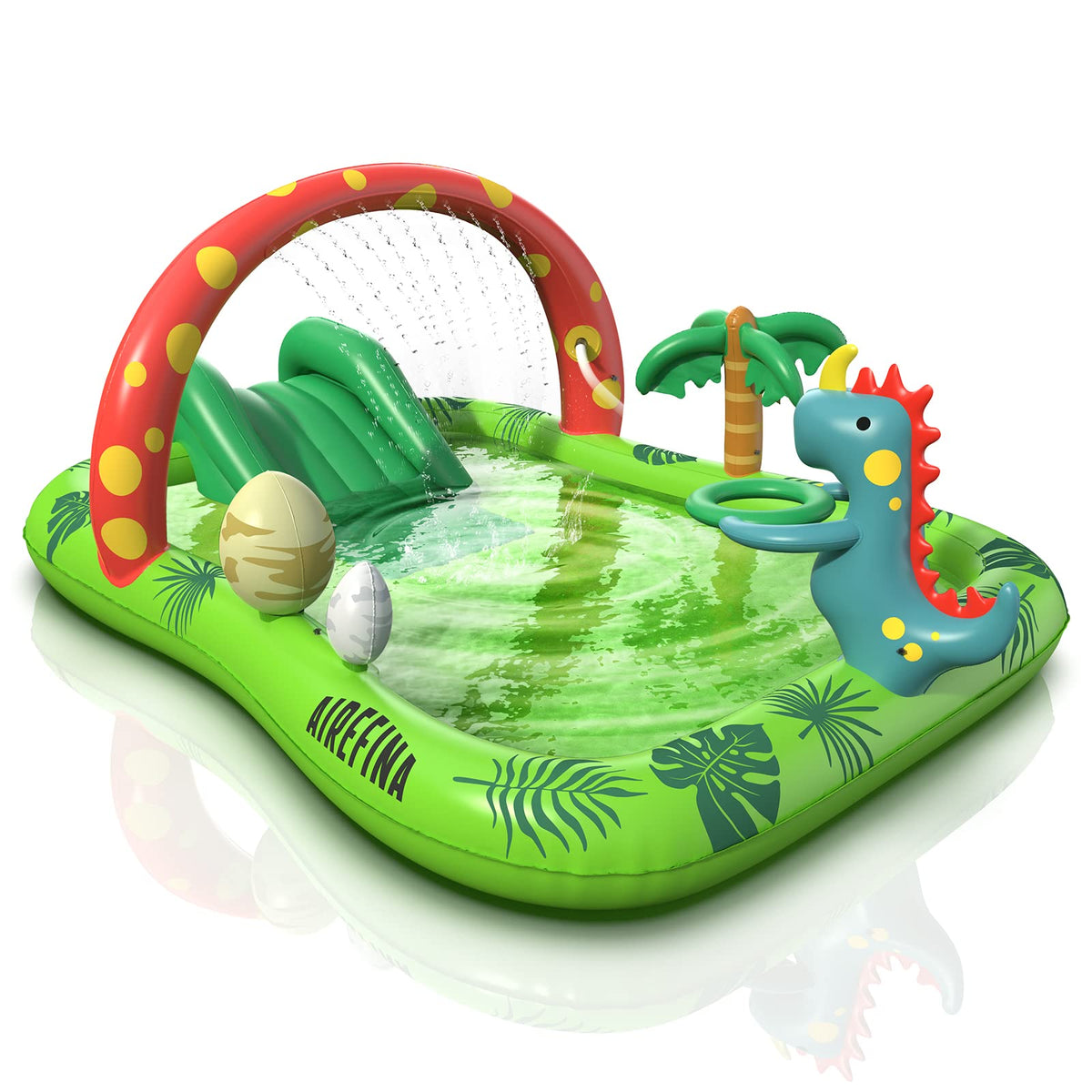 Airefina Dino Planet pool arch for backyard water fun and safe play