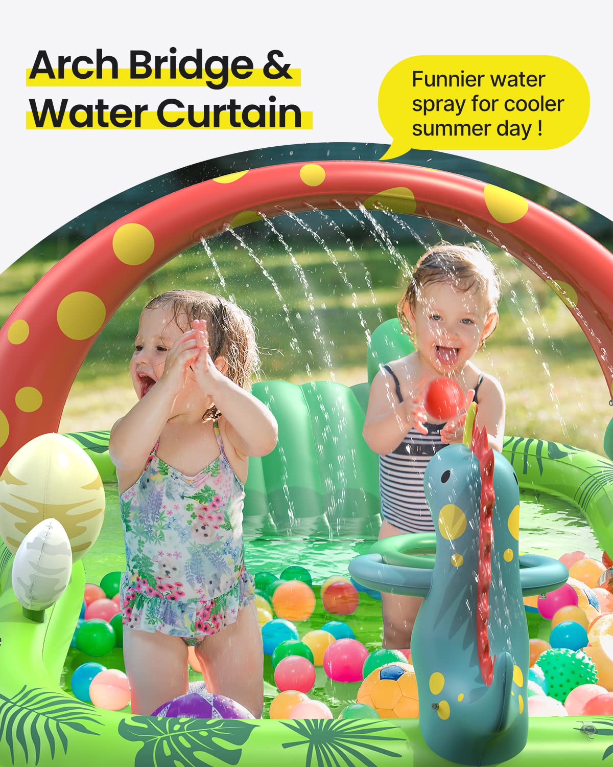 Airefina Dino Planet pool sprinkler tunnel enhances backyard fun