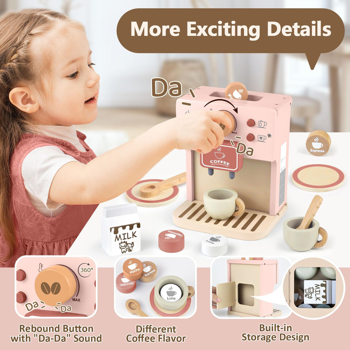 Airlab Kids Coffee Playset built-in storage keeps accessories neatly tucked away.